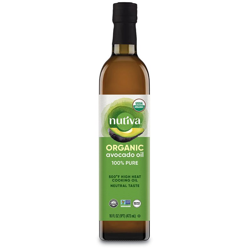 A 16 fl. oz. glass bottle of Nutiva organic avocado oil on a white background