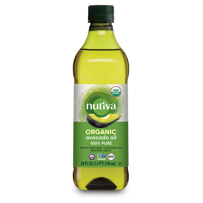 A 24 fl. oz. plastic bottle of Nutiva organic avocado oil on a white background