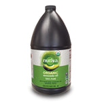 A 1 gallon black plastic  jug of Nutiva organic avocado oil on a white background